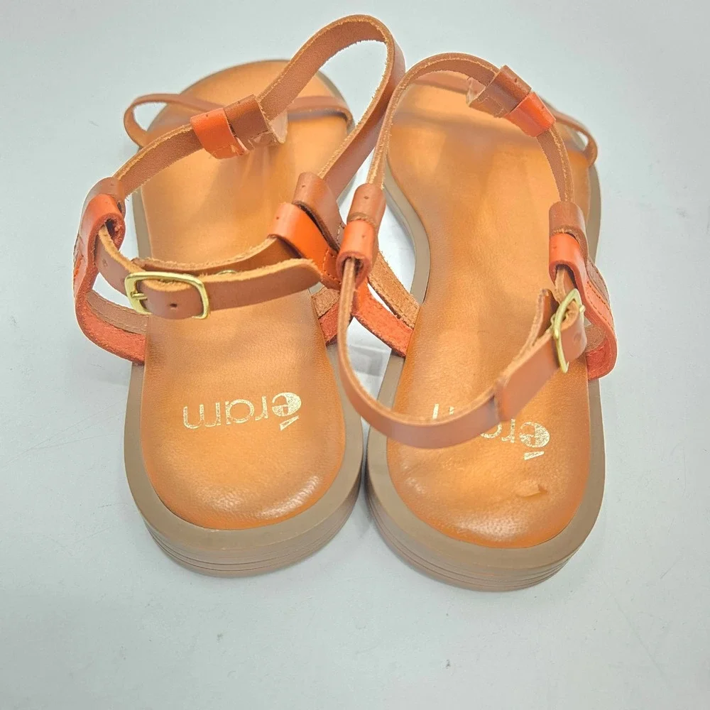 Eram Sandals women's 38‎ Brown Orange Leather T-Strap Made in Italy Buckle